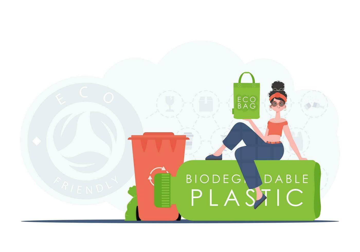 das Konzept von Ökologie und Pflege zum das Umfeld. das Mädchen sitzt auf ein Flasche mit biologisch abbaubar Plastik und hält ein Öko Tasche im ihr Hände. Mode Trend Illustration im Vektor. vektor