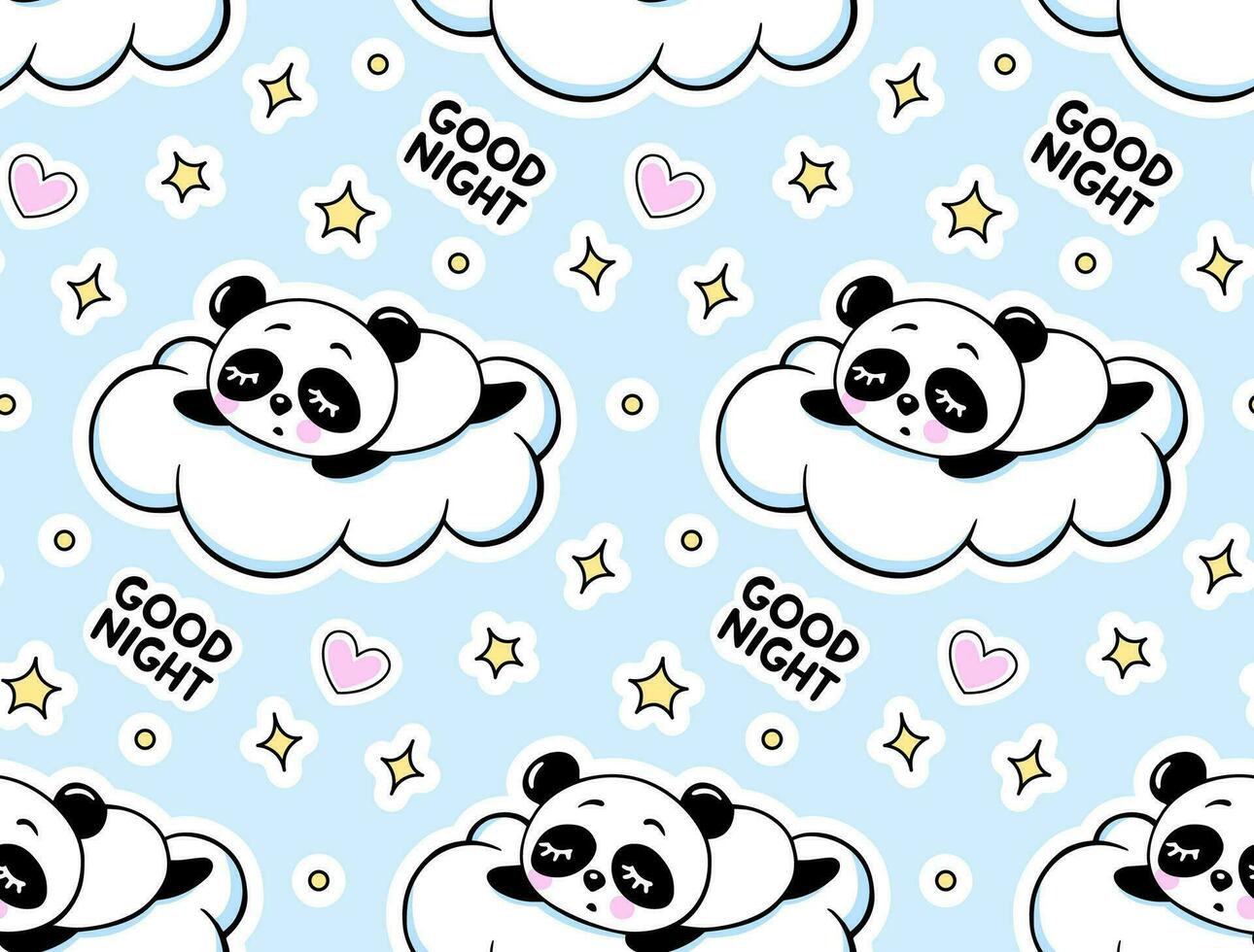 Schlafen Panda auf ein Weiß Wolke, Sterne und Herzen Nahtlos Muster. süß Baby drucken auf ein Blau Hintergrund. Karikatur Tiere Textur. vektor