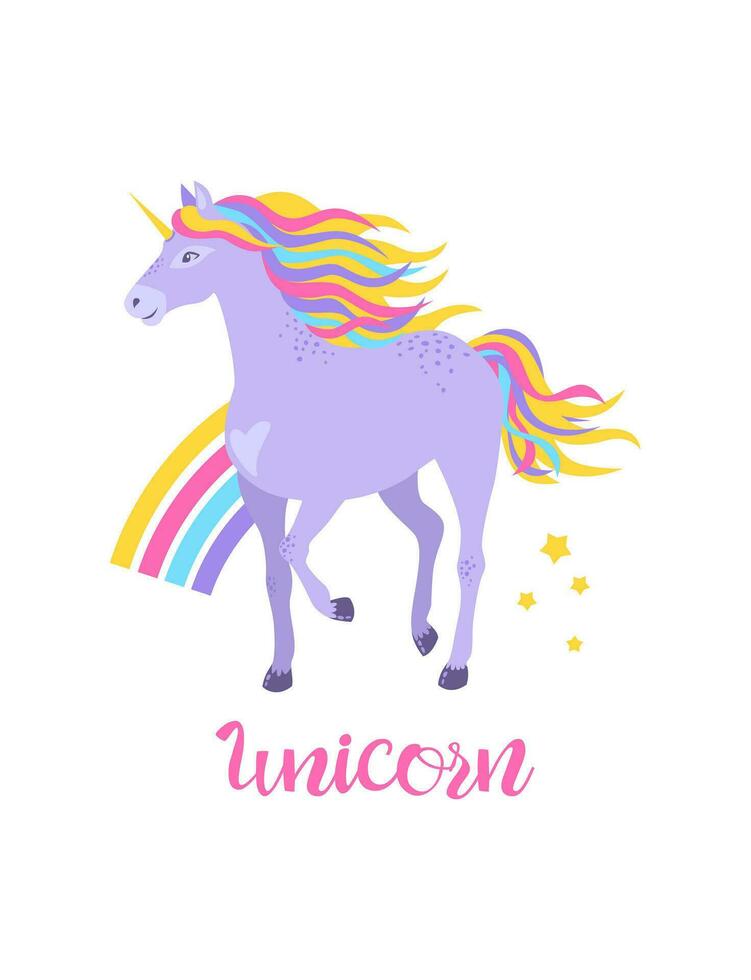 süß lila Einhorn mit Regenbogen und Sterne zum Design. Vektor Fantastisch Charakter zum T-Shirts, Karten, Aufkleber, Stickerei, isoliert auf Weiß Hintergrund