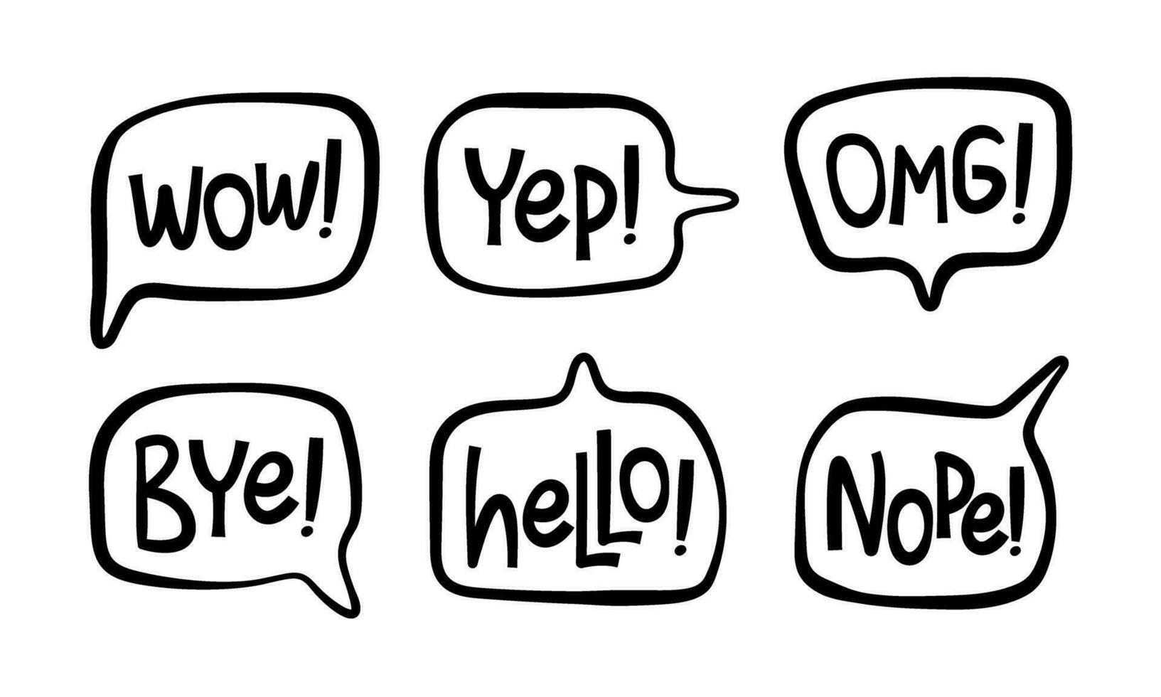 hand-doodle uppsättning av Tal bubbla med handskriven kort fraser. Hallå, Hejdå, Japp, nej, Herregud, Wow. vektor isolerat illustration