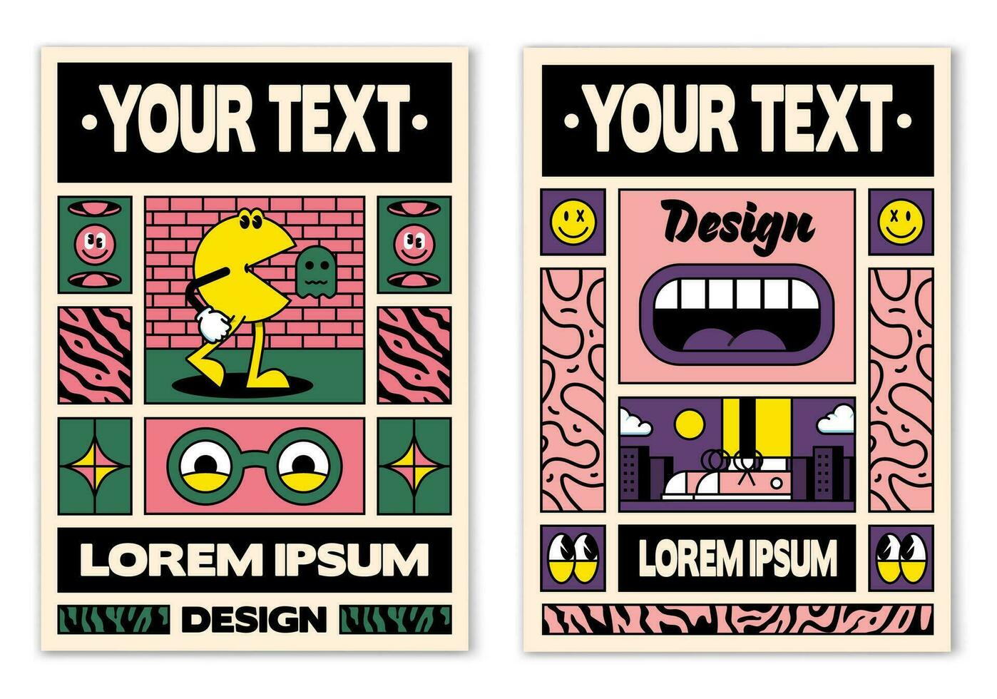 två färgrik posters med tecknad serie tecken och text vektor