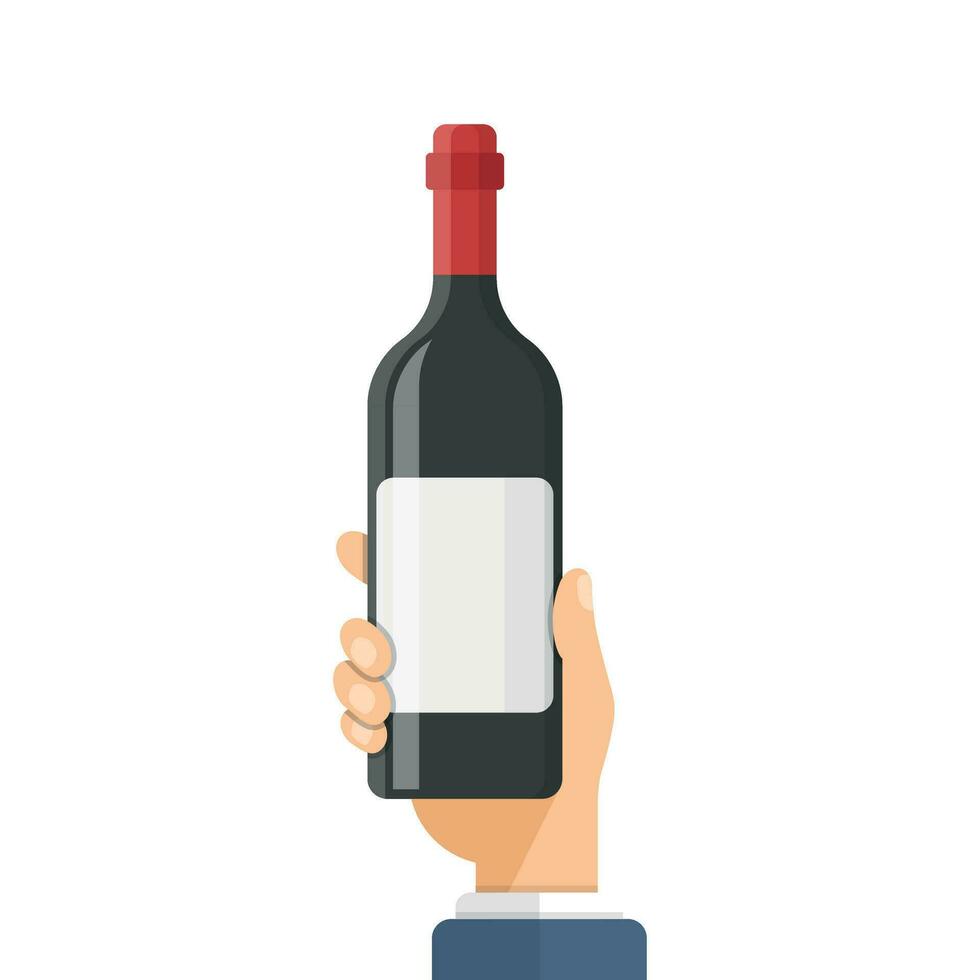 Hand halten Wein Flasche Symbol im eben Stil. Alkohol trinken Vektor Illustration auf isoliert Hintergrund. Champagner Getränk Zeichen Geschäft Konzept.