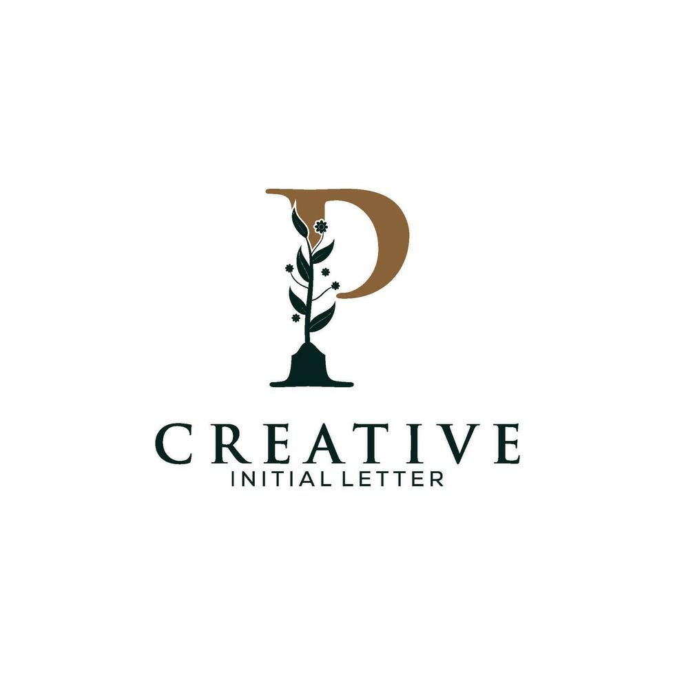 första brev p och blommig logotyp vektor, botanisk minimalistisk brev feminin logotyp design mall vektor