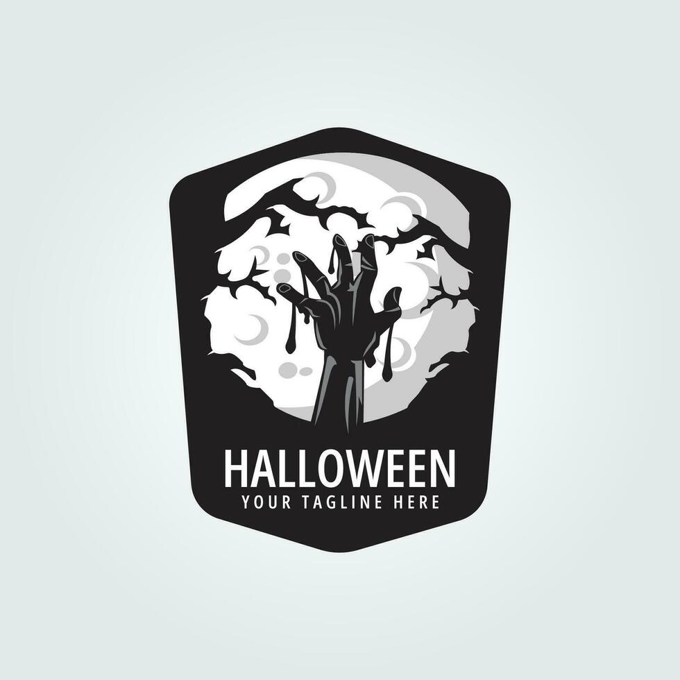 halloween logotyp ikon design inspiration med hand, blod, träd och måne vektor illustration