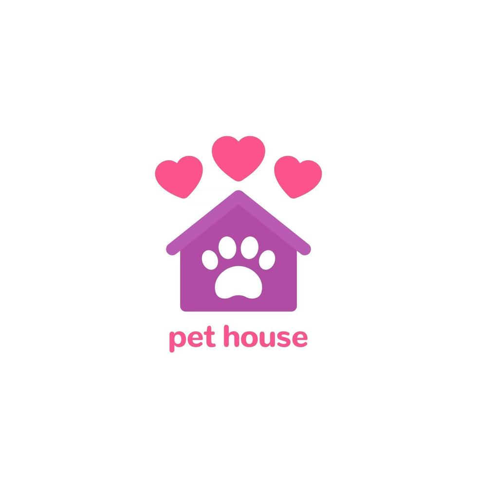 Haustierhaus-Logo, Pfote und Zuhause mit Herzen vektor