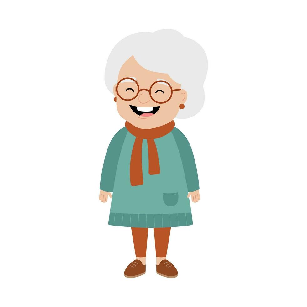 söt mormor i glasögon och örhängen. äldre kvinna i klänning och scarf i full längd. gammal kvinna stående. vektor platt illustration isolerat på vit bakgrund