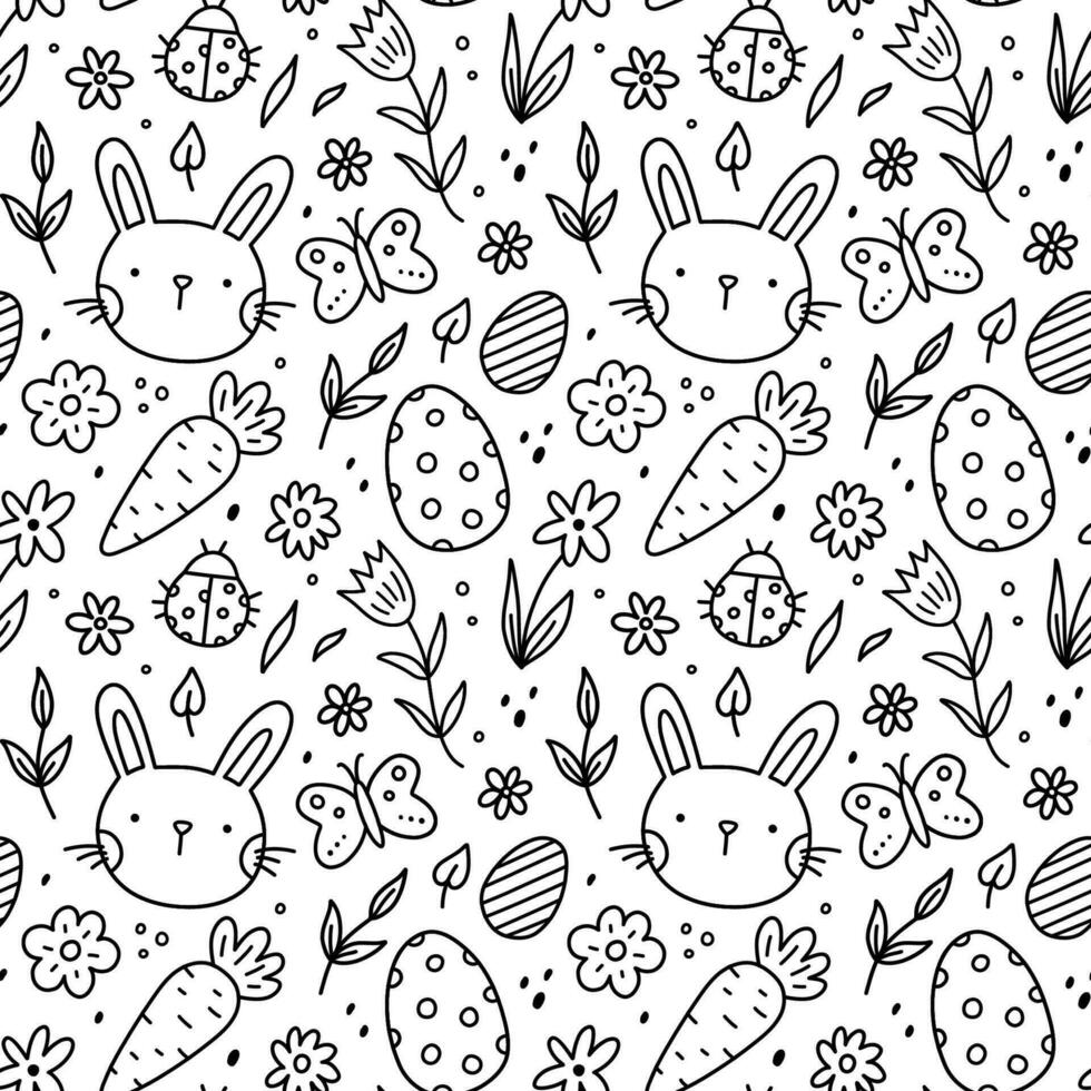 söt sömlös mönster med påsk ägg, kaniner, fjärilar, Nyckelpigor, morötter och blommor. vektor ritad för hand klotter illustration. perfekt för Semester mönster, skriva ut, dekorationer, omslag papper.