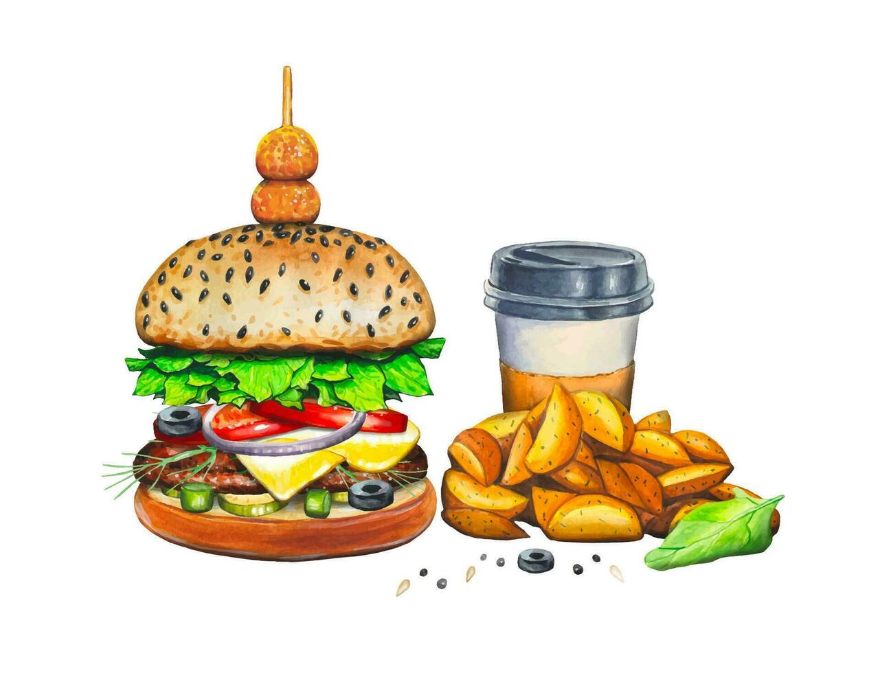 hand dragen hamburgare, kaffe ,rustik potatisar. vattenfärg snabbmat illustration. vektor