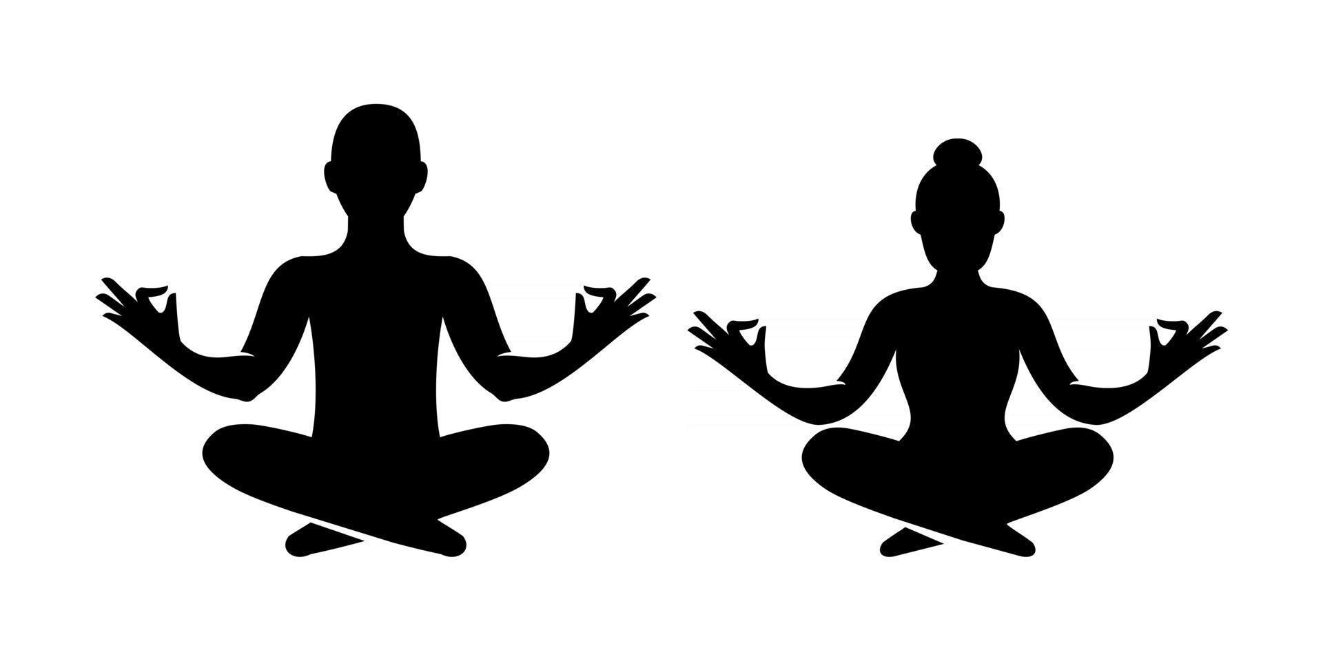 Silhouette von Mann und Frau Meditation Yoga Position Vektor Logo Symbol isoliert auf weißem Hintergrund, Paar meditiert in Lotus Pose Design Illustration