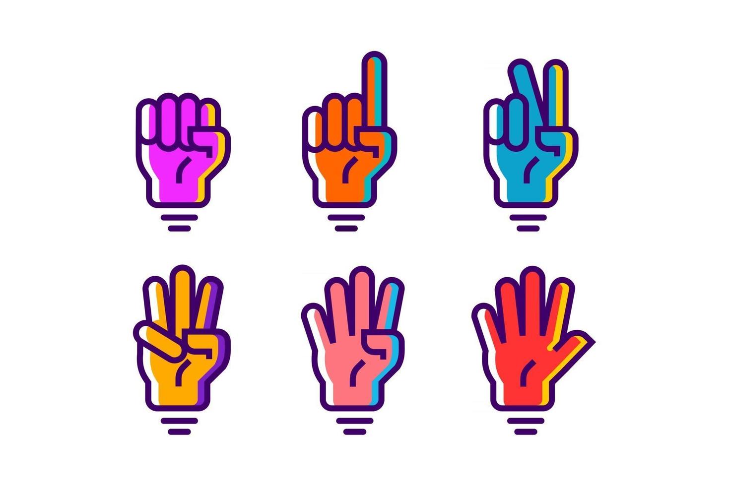 färgrik räkning av handgester 1 2 3 4 och 5 vektorikonillustration i trendig tecknad fylld linje stiluppsättning illustration, räknar handvektordesign i modern neonfärg vektor