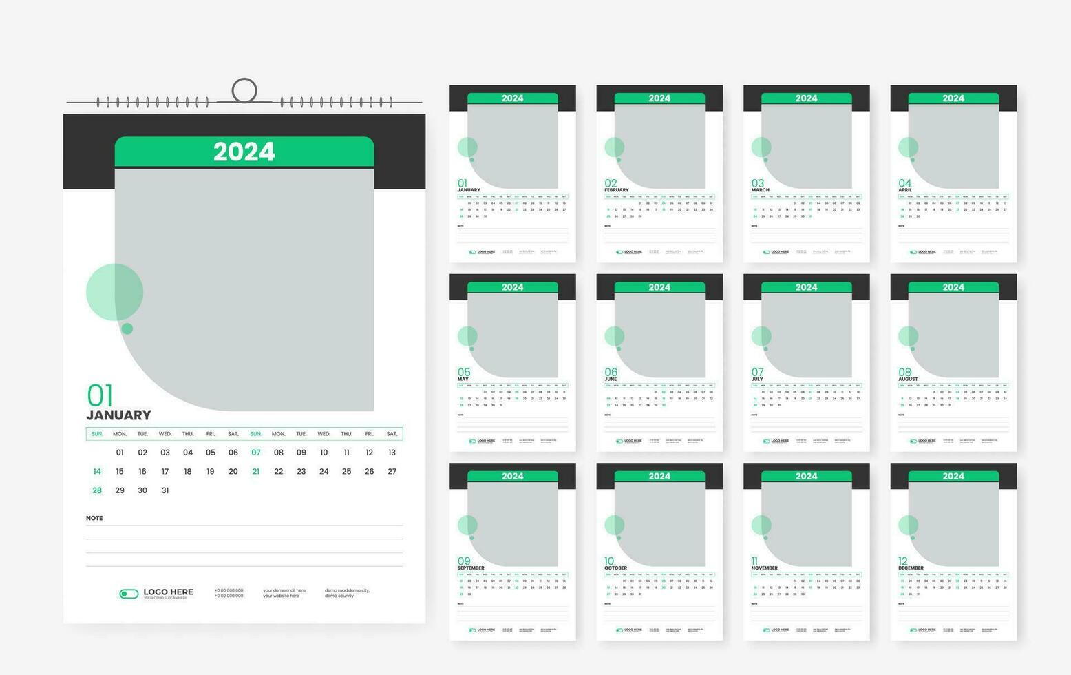 2024 Mauer Kalender Design Vorlage, modern drucken bereit Kalender Layout Vorlage vektor