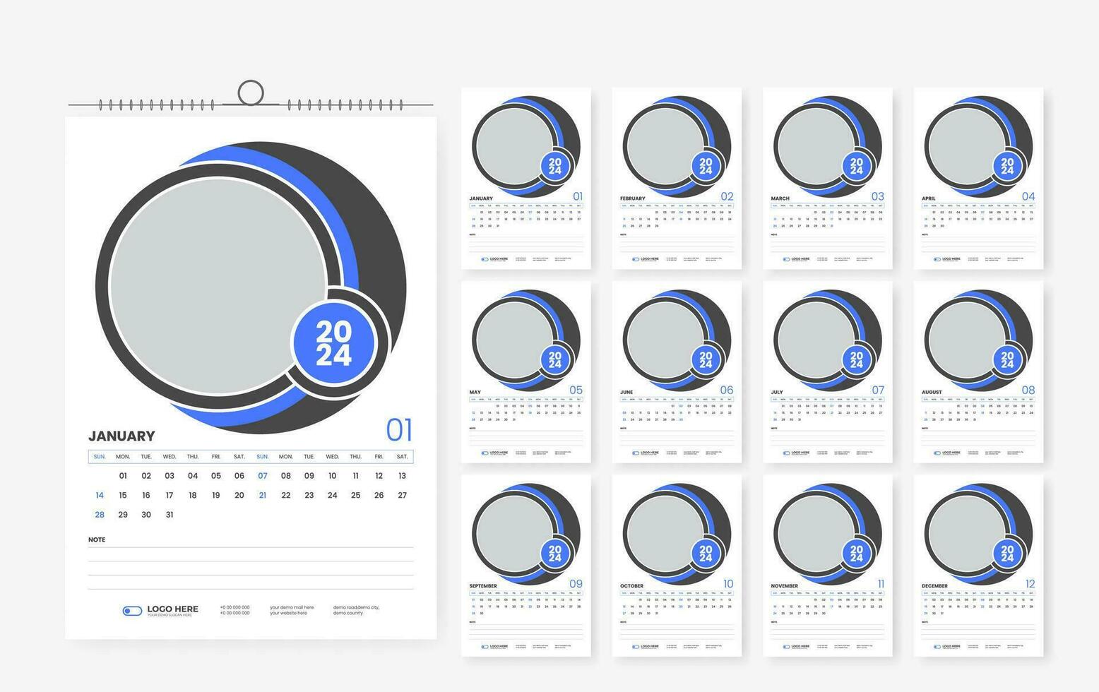 2024 Mauer Kalender Design Vorlage, modern drucken bereit Kalender Layout Vorlage vektor