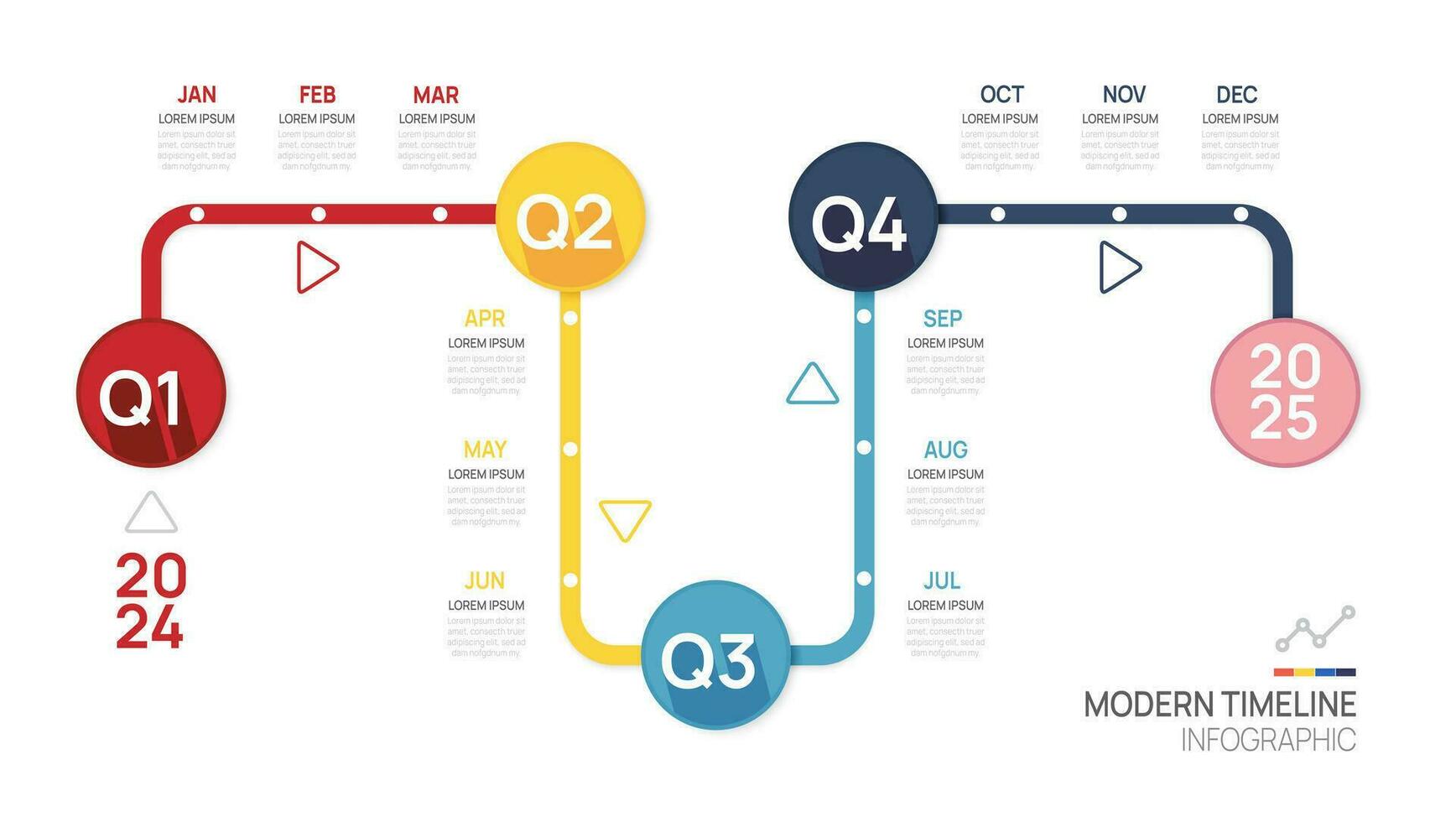 Geschäft Straße Karte Zeitleiste Infografik Pfeil Vorlage. modern Meilenstein Element Zeitleiste Diagramm Kalender und 4 Quartal Themen, Vektor Infografiken.