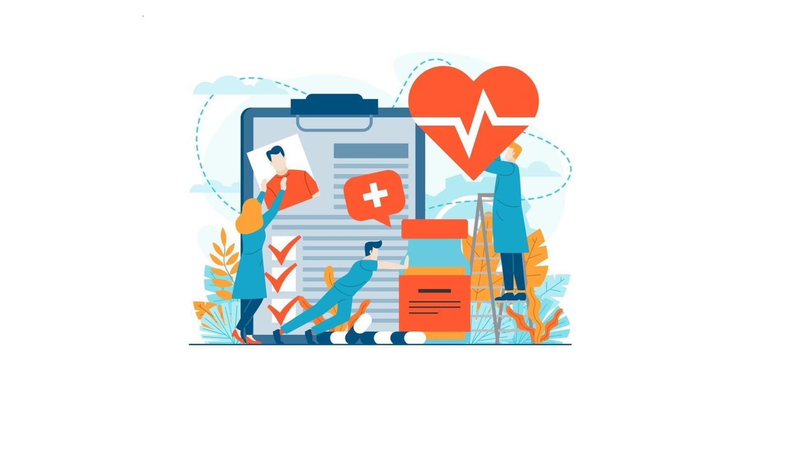 Krankenversicherung medizinische Untersuchung Vektor Illustration Vorlage Hintergrund isoliert kann für Präsentation Webbanner ui ux Landing Page verwendet werden
