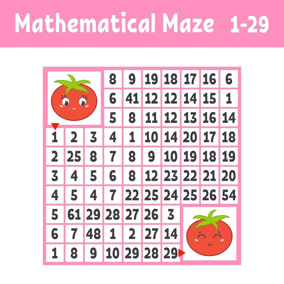 matematisk färgad fyrkantig labyrint. hjälpa en tomat att komma till en annan. spel för barn. pussel för barn. studien av siffror. labyrintkonst. platt vektorillustration isolerad på vit bakgrund. vektor