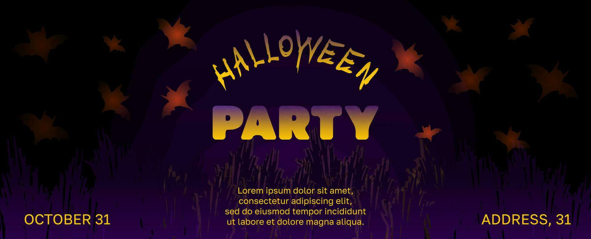 Vektor Halloween Hintergrund horizontal Banner mit Fledermäusen, Gebüsch. Werbung Kopieren Raum.