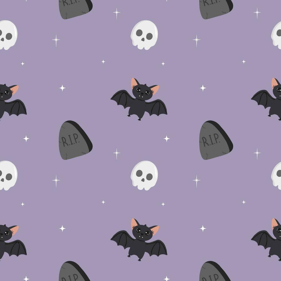 Vektor nahtlos Halloween Muster mit Schädel, Schläger, Grabstein isoliert auf lila Hintergrund. perfekt zum zum Stoff, Verpackung, Textil, Hintergrund, Kleidung, Gruß Karten. Halloween Hintergrund