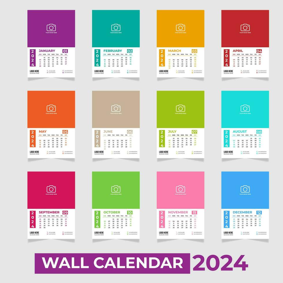 kreativ Mehrfarbig Mauer Kalender Design 2024 vektor