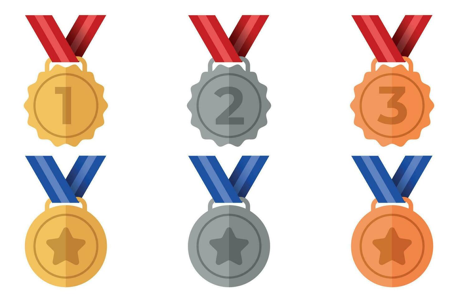 uppsättning av medaljer ikon. guld, silver, brons metall realistisk bricka med först, andra, tredje placering prestation. medalj med band vektor illustration