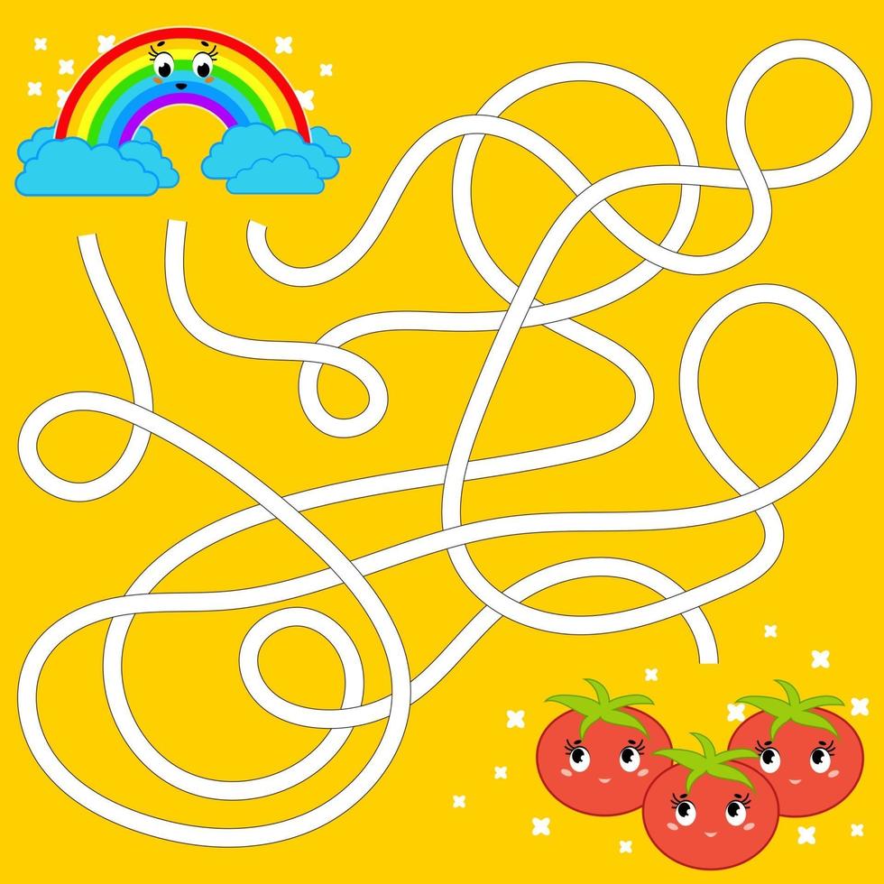 Farbe abstraktes Labyrinth. Helfen Sie dem Regenbogen, die Tomaten zu erreichen. Arbeitsblätter für Kinder. Aktivitätsseite. Spielpuzzle für Kinder. Cartoon-Stil. Labyrinth Rätsel. Vektor-Illustration. vektor