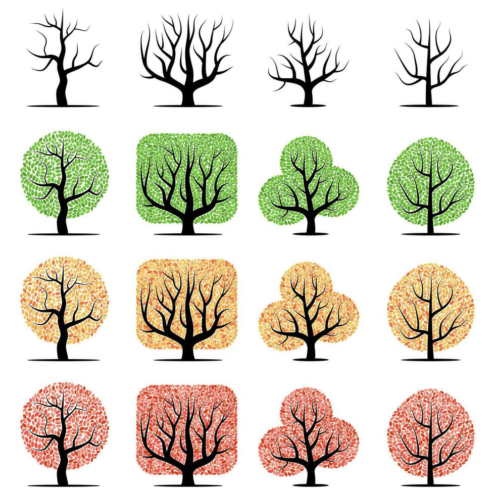 uppsättning av sexton vektor träd med grön, gul, röd löv och utan löv isolerat på en vit bakgrund