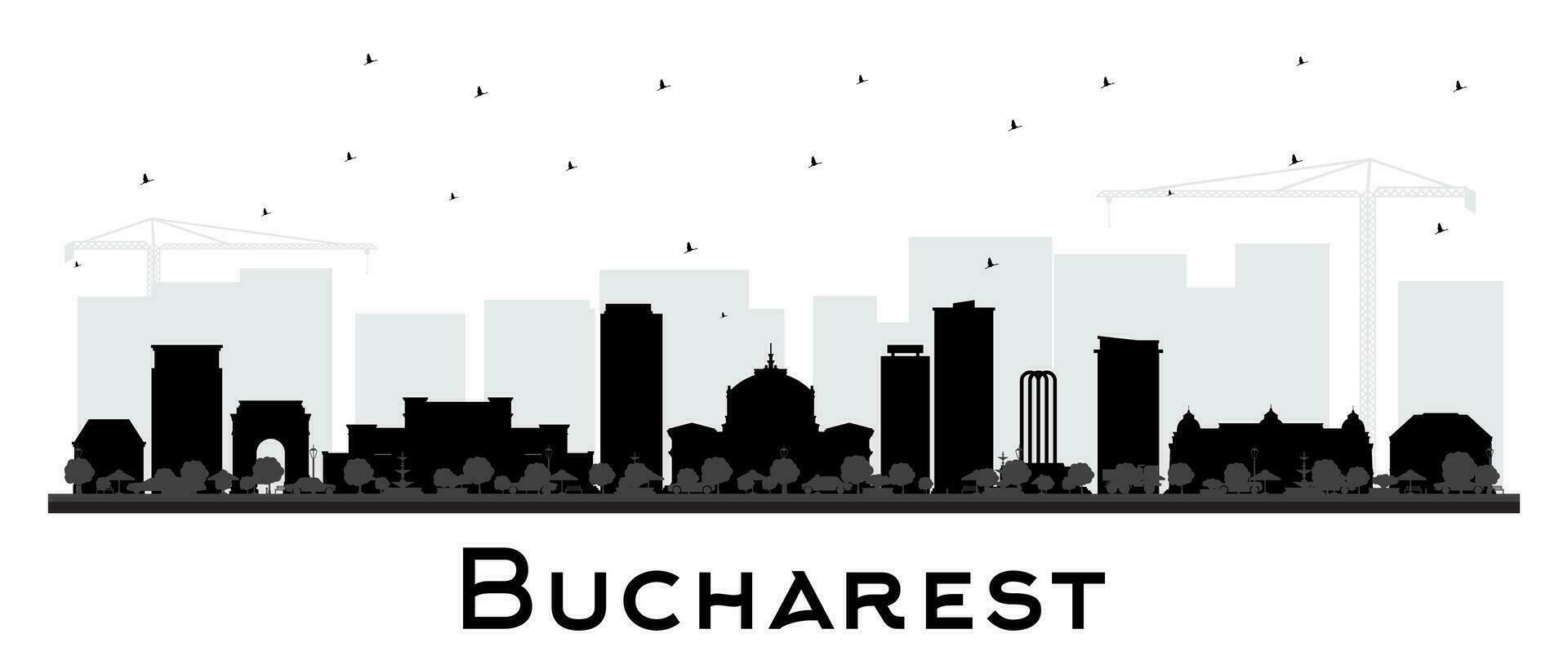 Bukarest Rumänien Stadt Horizont Silhouette mit schwarz Gebäude isoliert auf Weiß. Vektor Illustration. Bukarest Stadtbild mit Sehenswürdigkeiten.