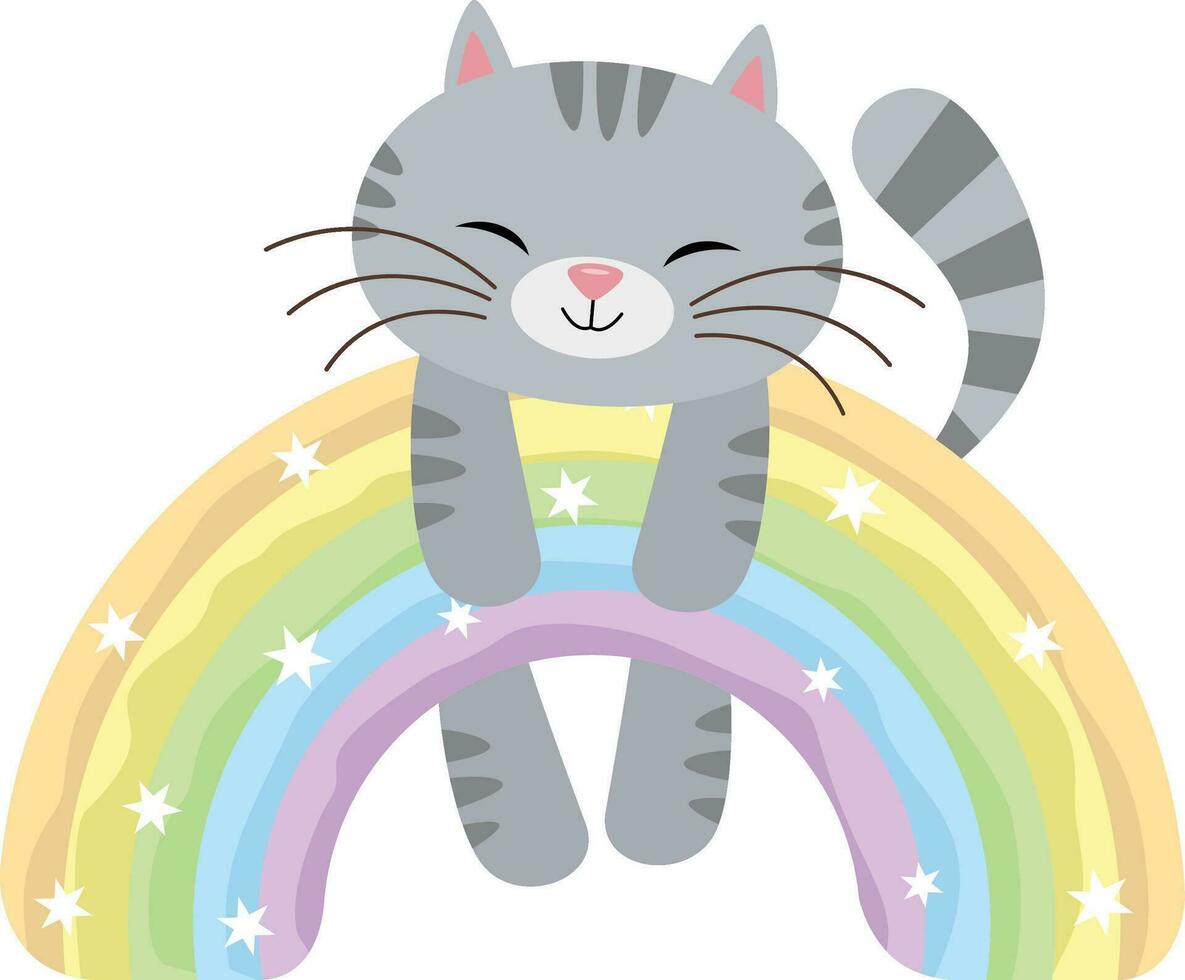 söt katt hängande på magi regnbåge vektor