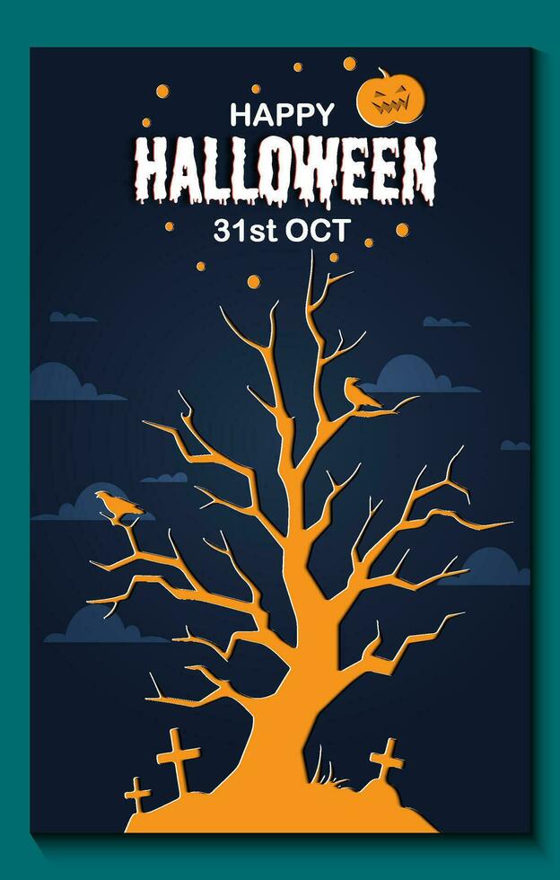 Lycklig halloween fest posters eller broschyr bakgrund i papper skära stil. vektor