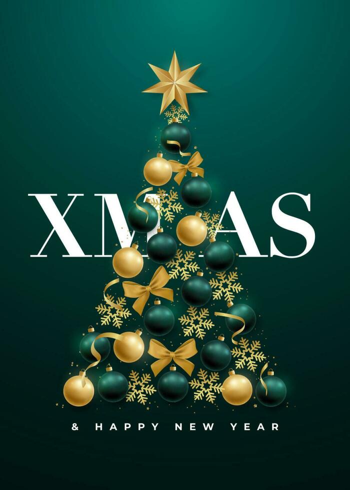 abstrakt lyx jul träd med realistisk guld och grön grannlåt vektor