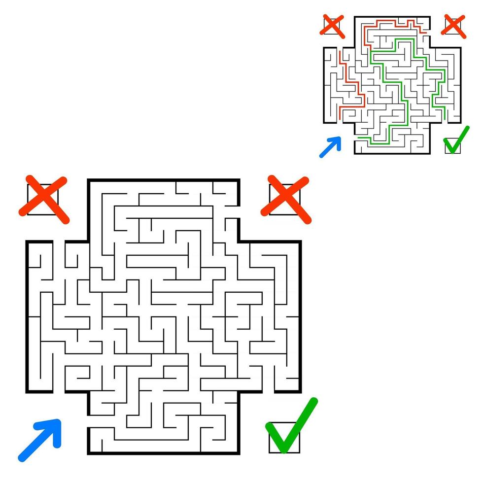 abstraktes quadratisches Labyrinth. den richtigen Weg finden. Spiel für Kinder. Puzzle für Kinder. Labyrinth Rätsel. flache Vektorillustration lokalisiert auf weißem Hintergrund. mit Antwort. mit Platz für Ihr Bild. vektor