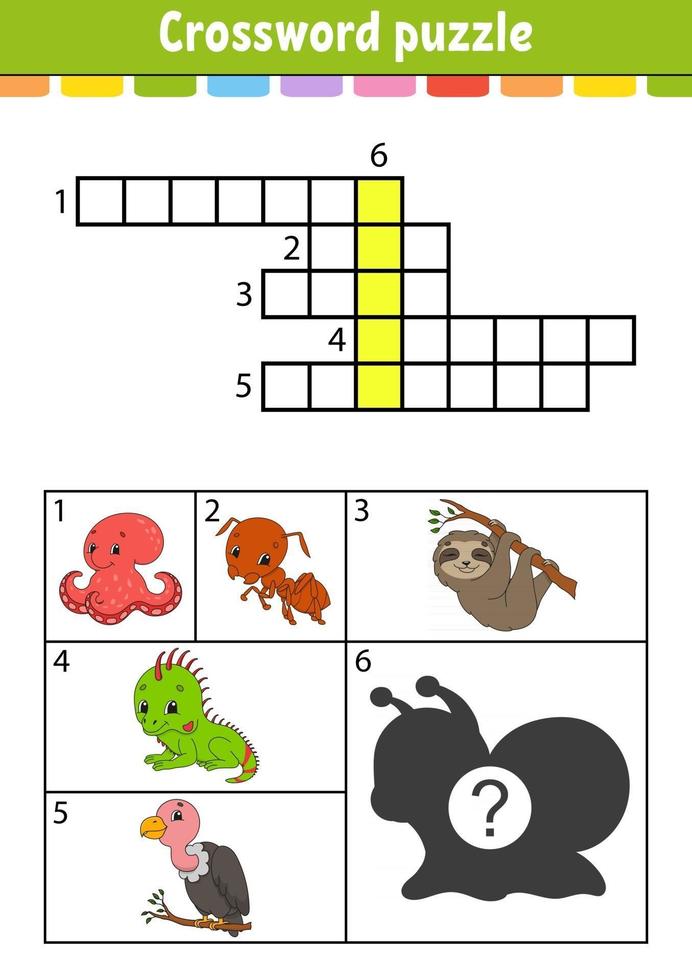 Kreuzworträtsel. Arbeitsblatt zur Bildungsentwicklung. Aktivitätsseite für Englisch lernen. mit Farbbildern. Spiel für Kinder. isolierte Vektor-Illustration. lustiger Charakter. Cartoon-Stil. vektor