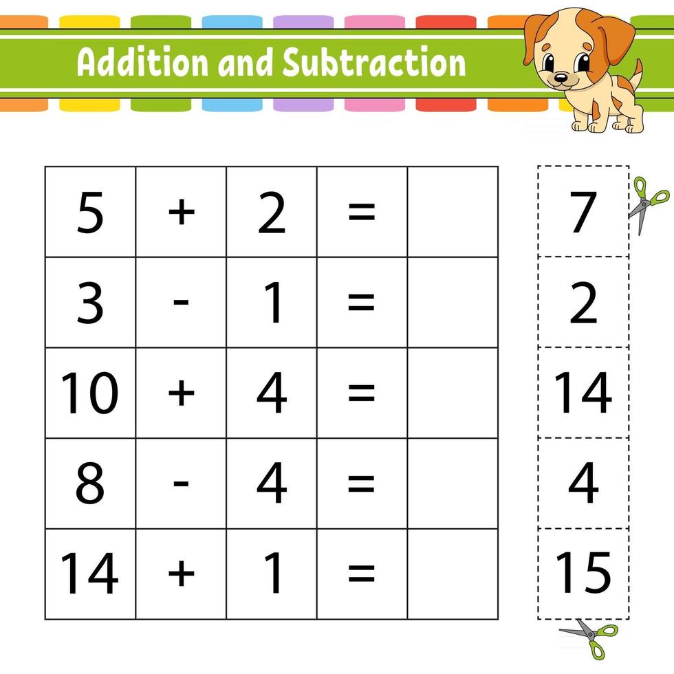 Addition und Subtraktion. Aufgabe für Kinder. Arbeitsblatt zur Bildungsentwicklung. Aktivitätsseite. Spiel für Kinder. lustiger Charakter. isolierte Vektor-Illustration. Cartoon-Stil. vektor