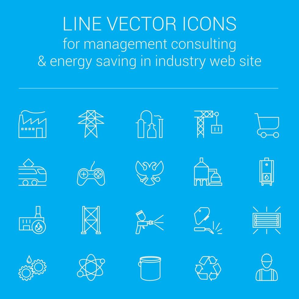 Linienvektorsymbole für Managementberatung und Energieeinsparung in der Industrie-Website vektor