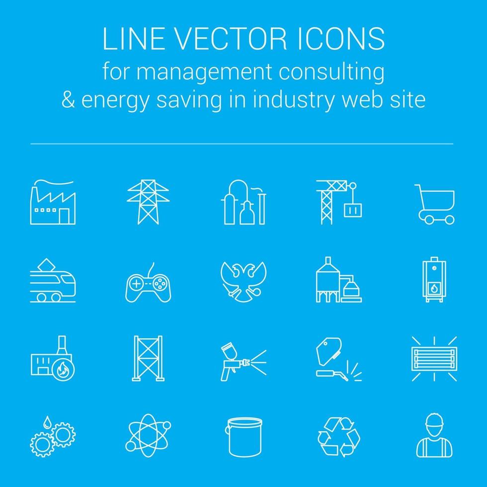 linje vektor ikoner för managementkonsultation och energibesparing på industrins webbplats