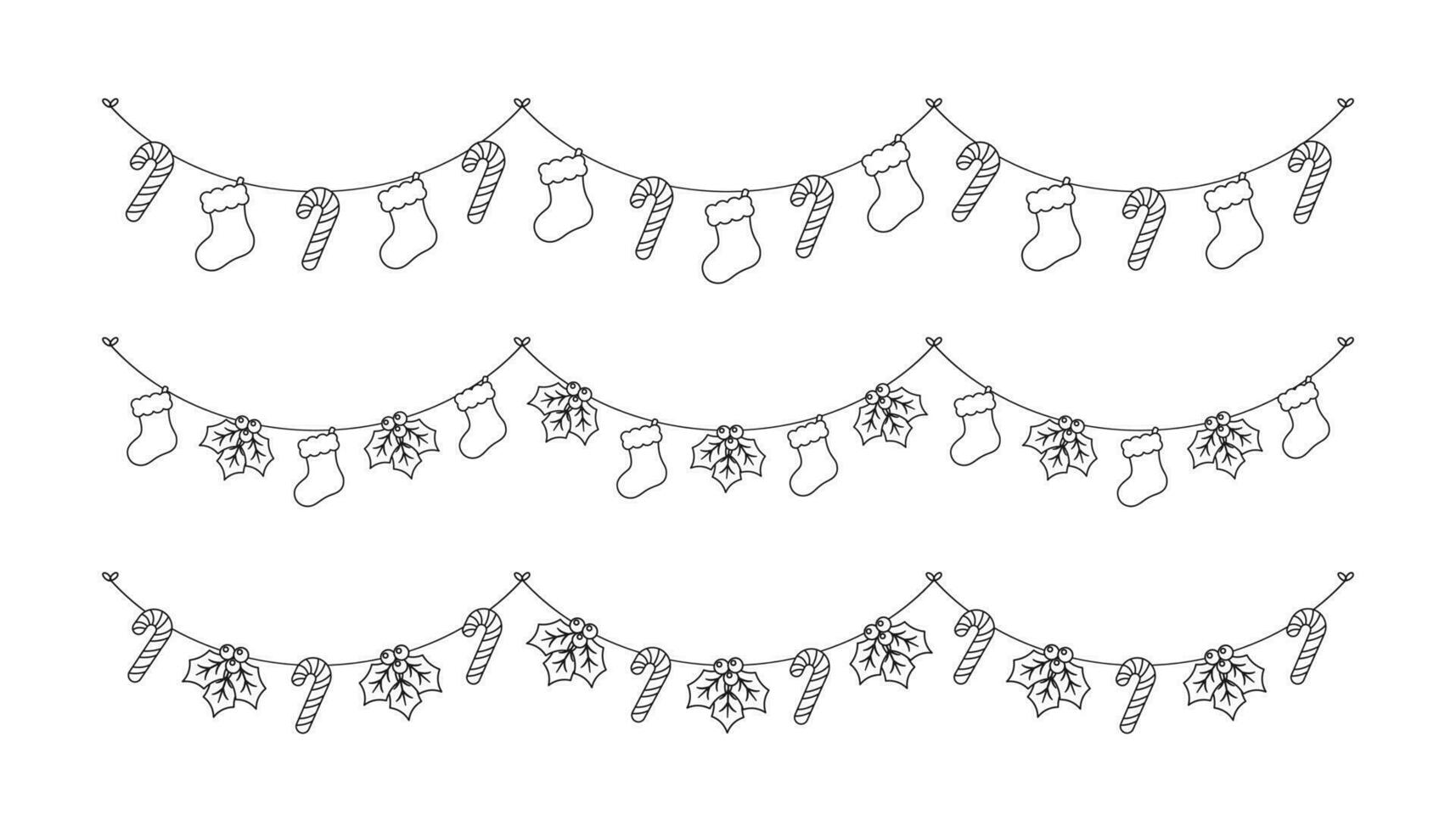 uppsättning av jul och vinter- Semester dekoration krans översikt klotter. jul dekoration element samling. santa hatt, strumpor, mistel, ornament, godis sockerrör. vektor illustration.