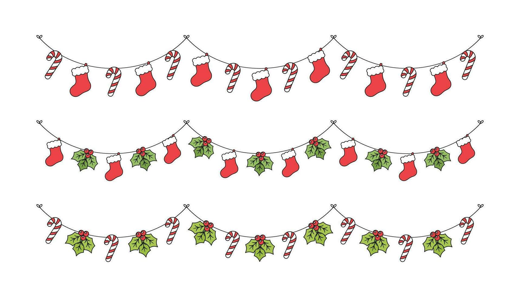 uppsättning av jul och vinter- Semester dekoration krans. jul dekoration element samling. santa hatt, strumpor, mistel, ornament, godis sockerrör. vektor illustration.