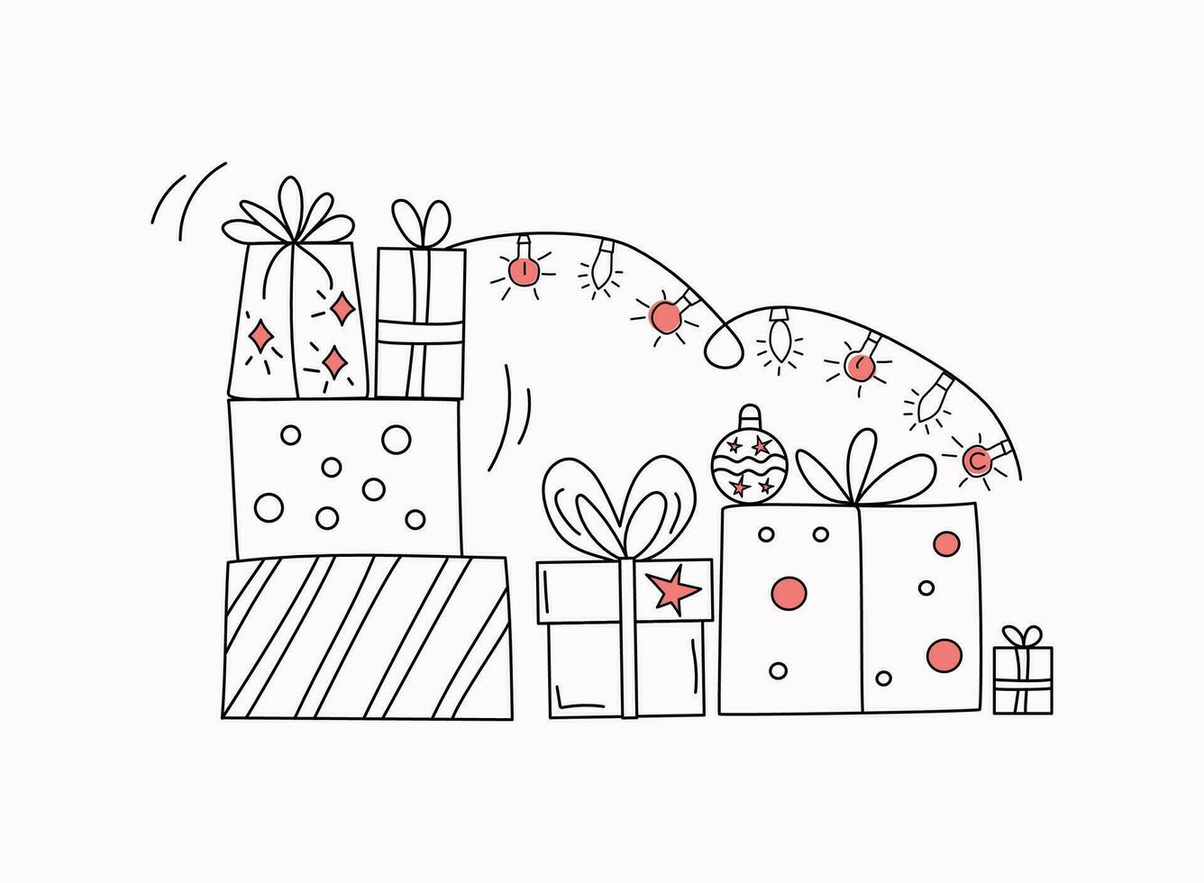 Geschenke zum Weihnachten. Boxen Tag. Kisten mit Geschenke. festlich Verpackung. Girlande, Verbeugungen, Sterne und Neu Jahre Ball. vektor