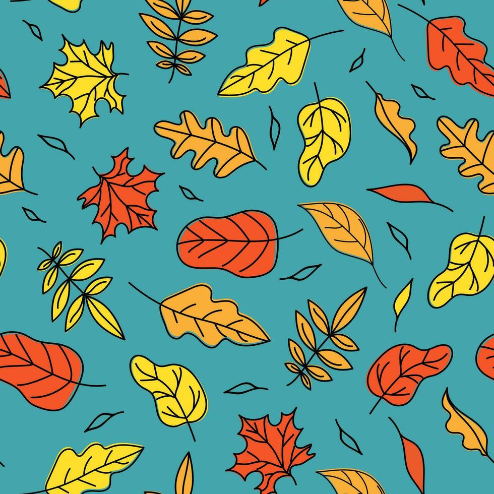 höst löv. uppsättning mönster, bakgrund med löv. blad falla. ritningar i klotter stil. Färg vektor illustration, sömlös bakgrund.