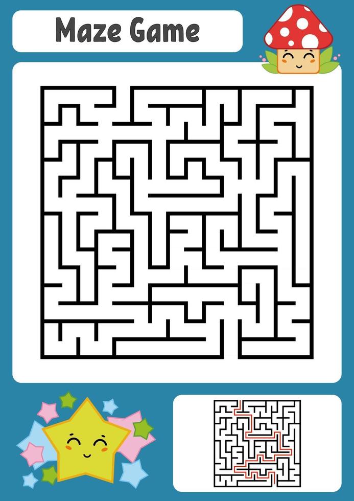 abstraktes quadratisches Labyrinth. Arbeitsblätter für Kinder. Spielpuzzle für Kinder. süßer Stern und Pilz. ein Eingang, ein Ausgang. Labyrinth Rätsel. Vektor-Illustration. mit Antwort. vektor