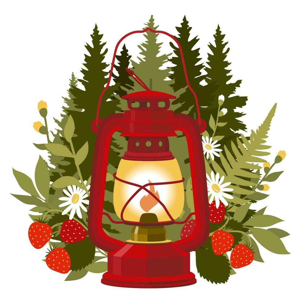 rot Jahrgang Camping Laterne. Wald Sommer- Landschaft mit Tanne Bäume, Farne, Gänseblümchen, Erdbeeren. illustriert Vektor Clip Art.