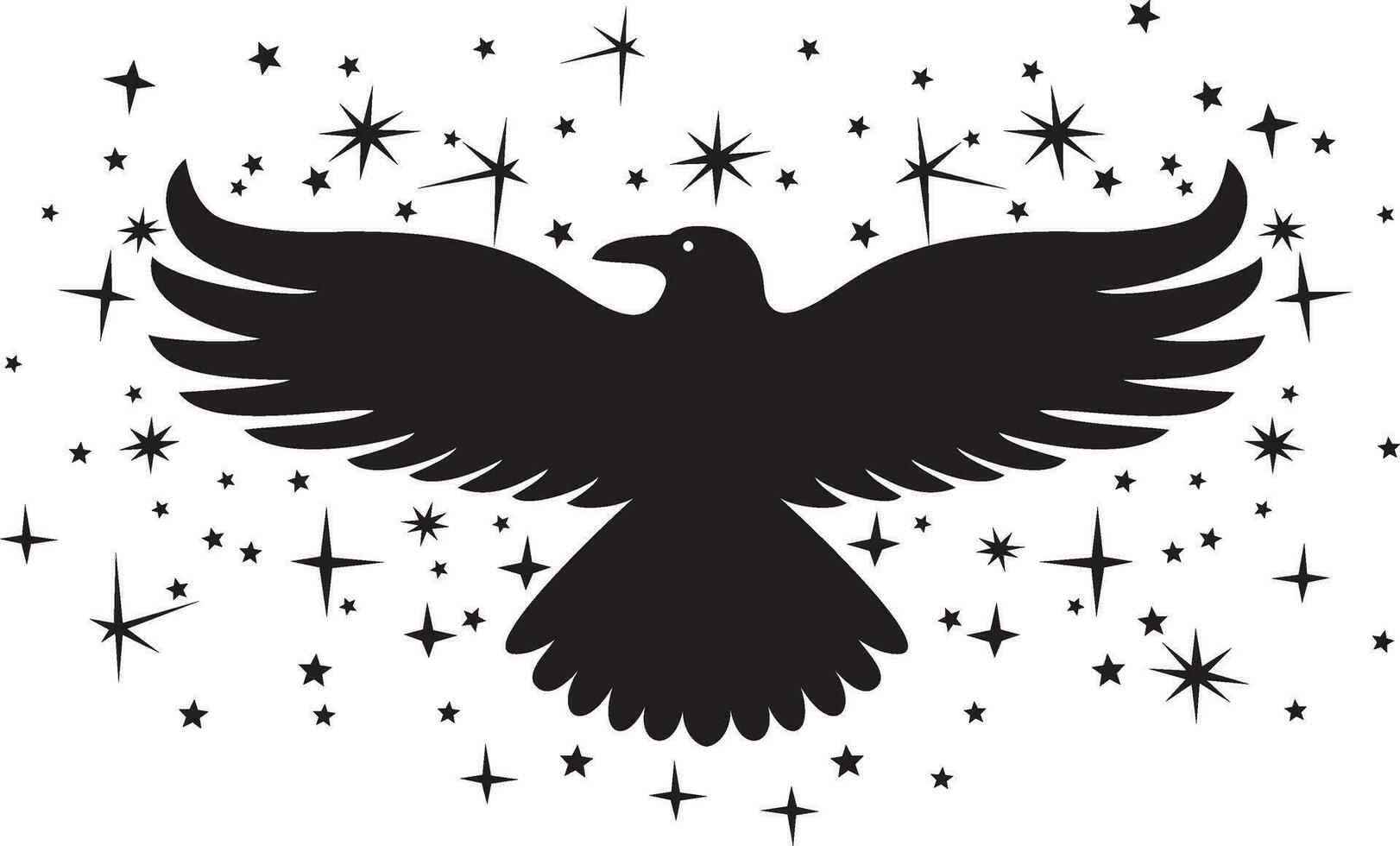 korp fågel med gnistor och stjärnor svart och vit. vektor illustration.