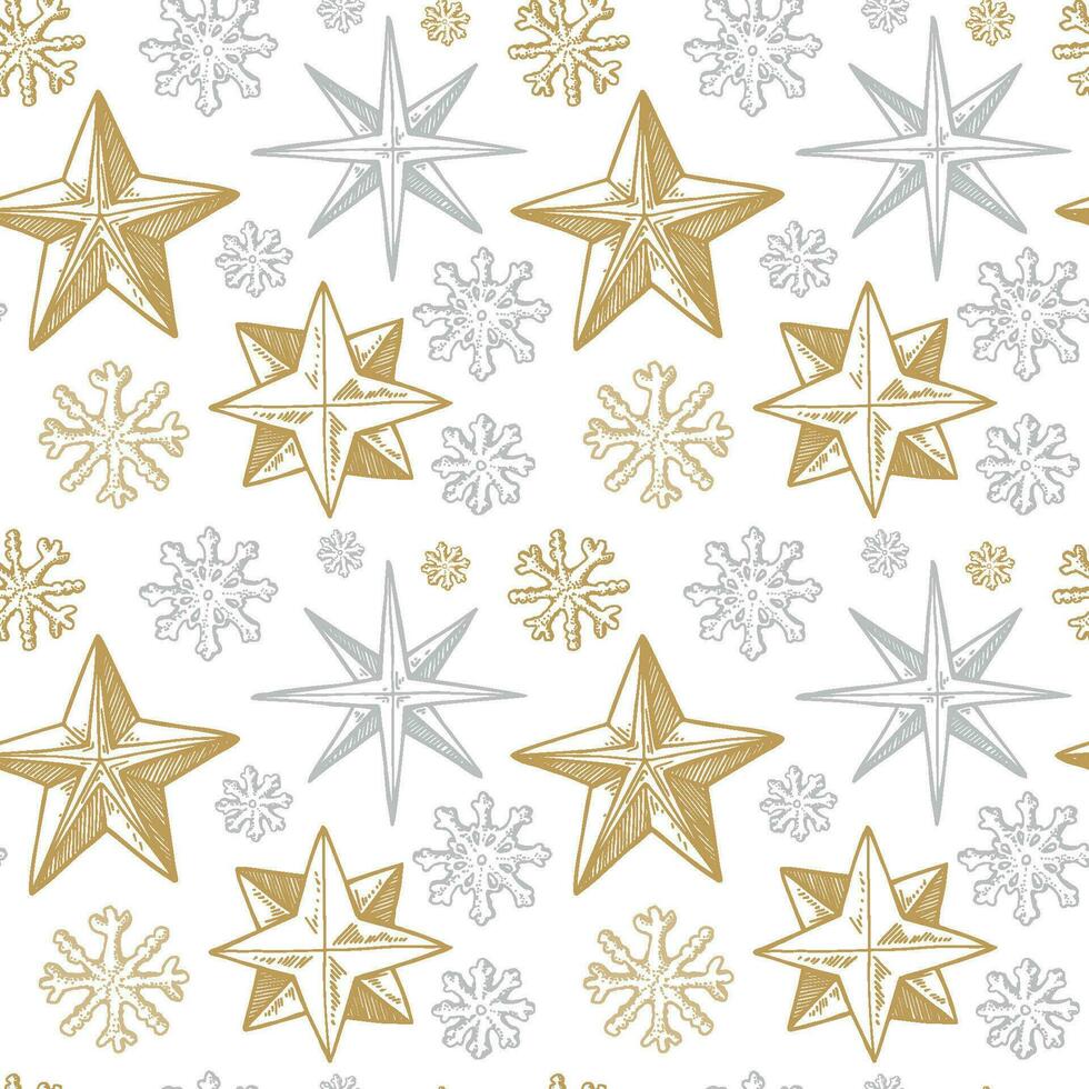 glad jul och Lycklig ny år sömlös mönster med gyllene hand dragen stjärnor och snöflingor. festlig bakgrund. vektor illustration i skiss stil