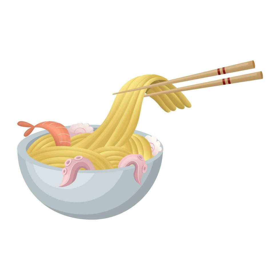 asiatisch Stil Nudeln mit Garnele und Krake. Vektor Illustration auf ein Weiß Hintergrund.