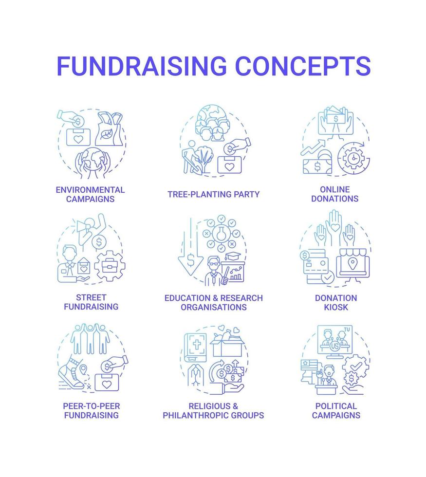 Fundraising-Konzept-Icons gesetzt. Sammeln Sie die Idee der finanziellen Unterstützung mit dünnen Farbillustrationen. politische Kampagnen. Spendenaktion auf der Straße. Spendenkiosk. religiöse Gruppen. Vektor isolierte Umrisszeichnungen