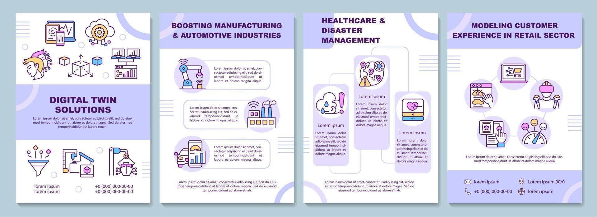 Broschürenvorlage für digitale Zwillingslösungen. Produktion ankurbeln. Flyer, Broschüre, Broschürendruck, Cover-Design mit linearen Symbolen. Vektorlayouts für Präsentationen, Geschäftsberichte, Anzeigenseiten vektor