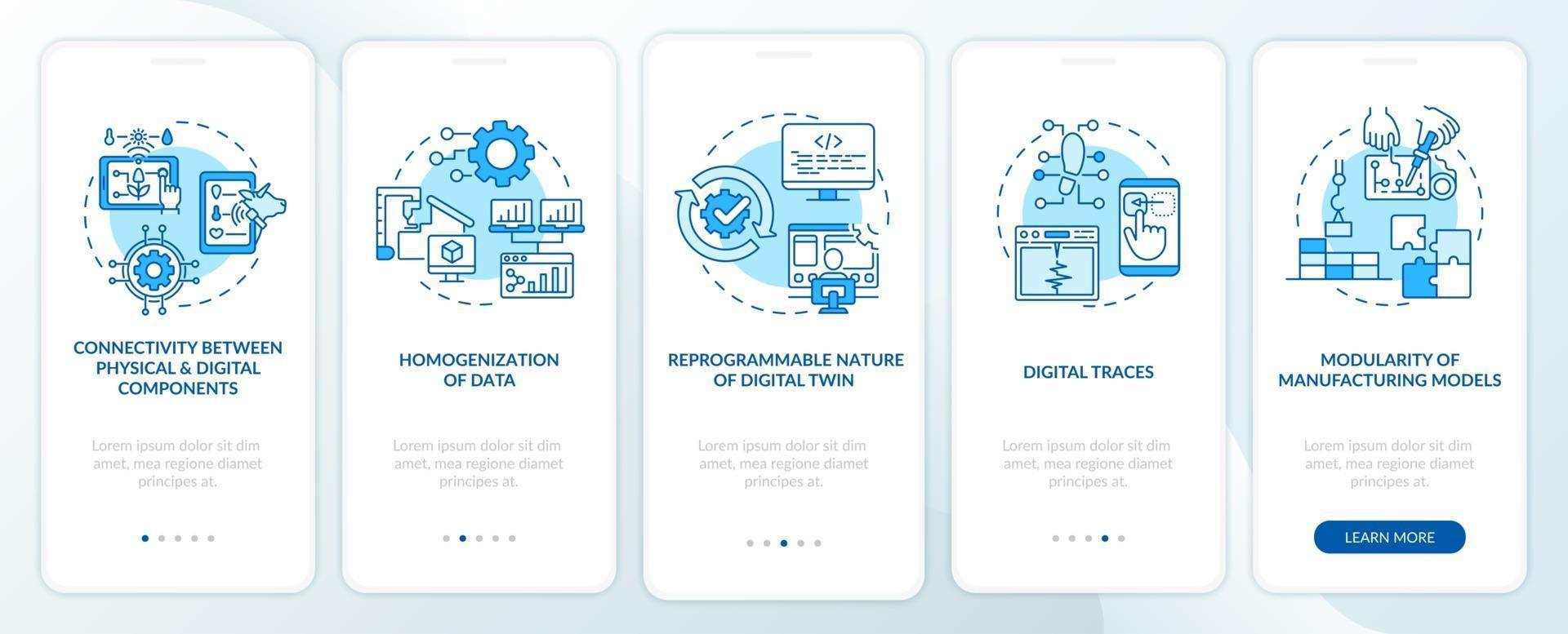 Eigenschaften des digitalen Zwillings beim Onboarding der mobilen App-Seitenseite. Automatisierung Walkthrough 5 Schritte grafische Anweisungen mit Konzepten. ui, ux, gui-Vektorvorlage mit linearen Farbillustrationen vektor