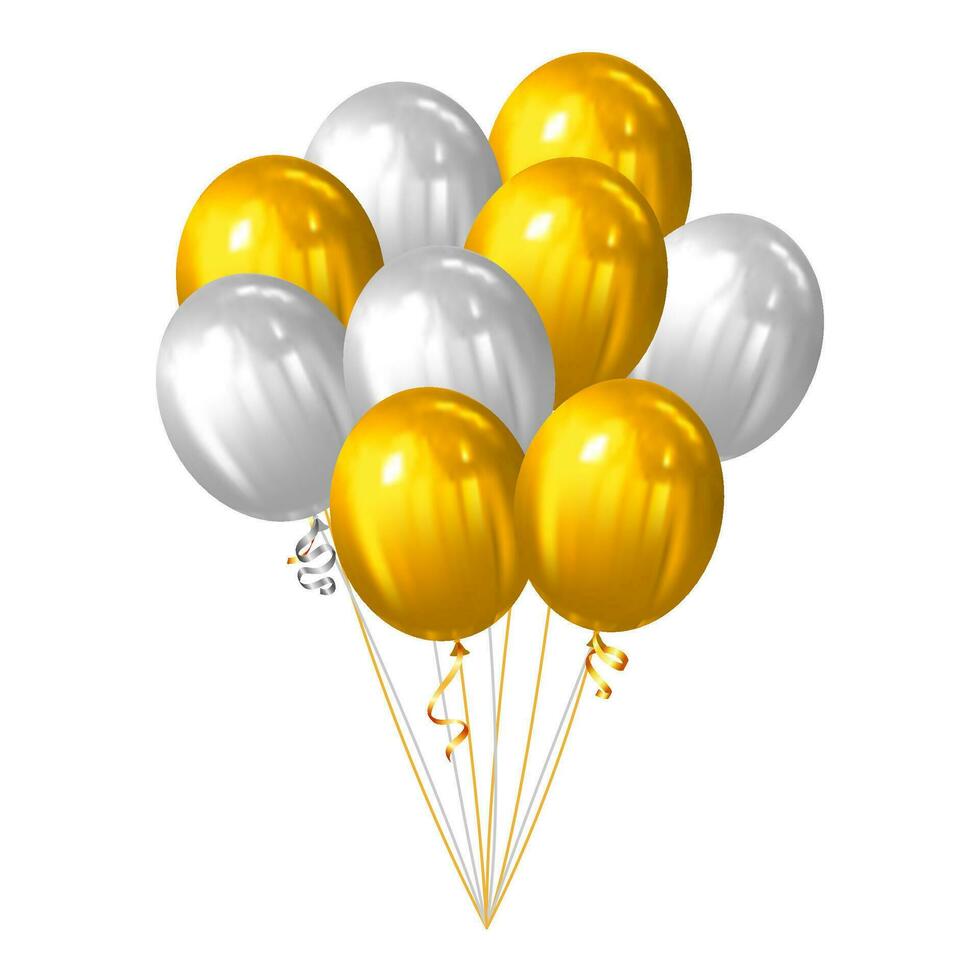 golden und Weiß Luftballons Bündel Vektor Illustration isoliert auf Weiß Hintergrund