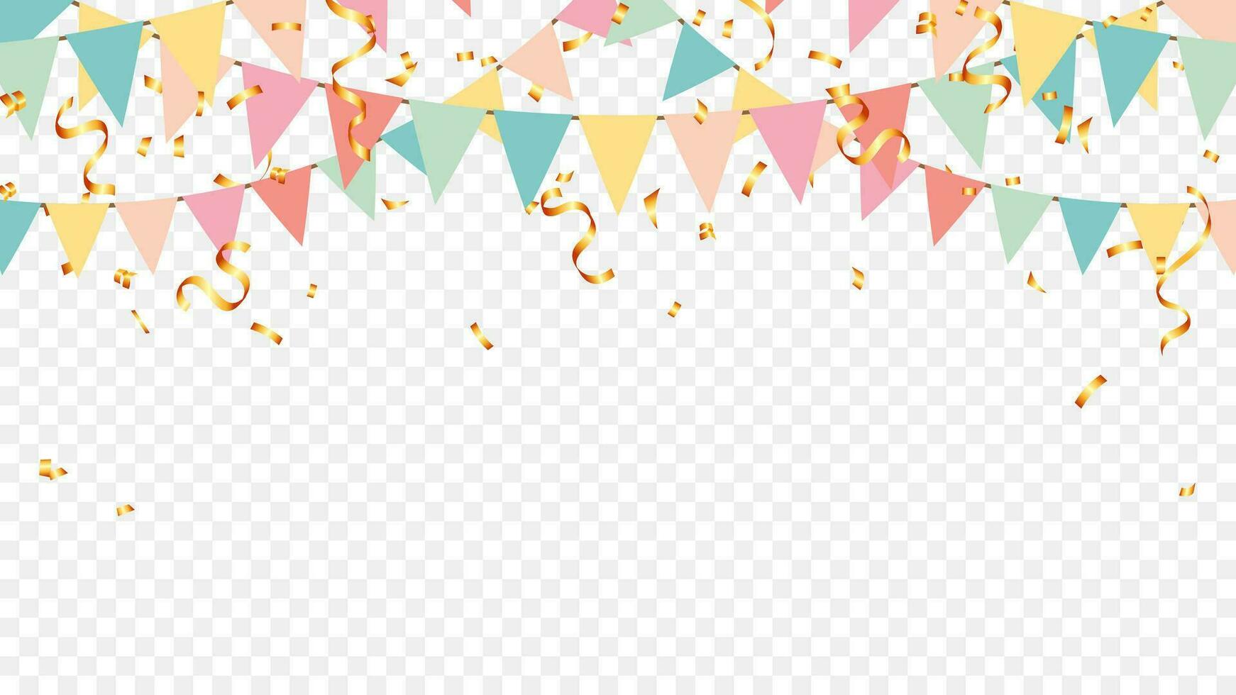Party bunt Pastell- Flaggen und Gold Konfetti fallen auf transparent Hintergrund. Feier, Geburtstag, festa, Karneval, Jubiläen und Urlaub vektor