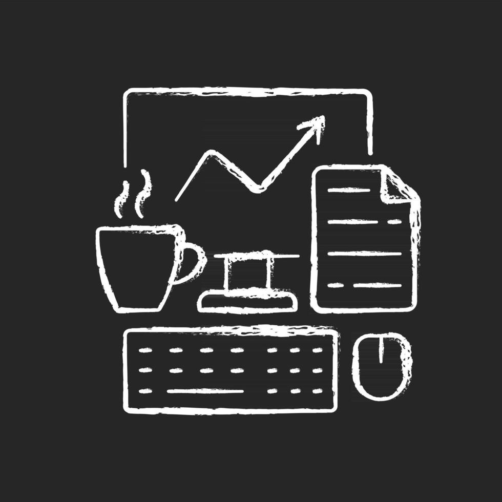dator kontor krita vit ikon på mörk bakgrund. frilansarbetsplats. arbetstagares skrivbord. dagligt arbetsflöde. fjärrarbete. vardagliga rutiner. isolerad svart tavlaillustration på svart vektor