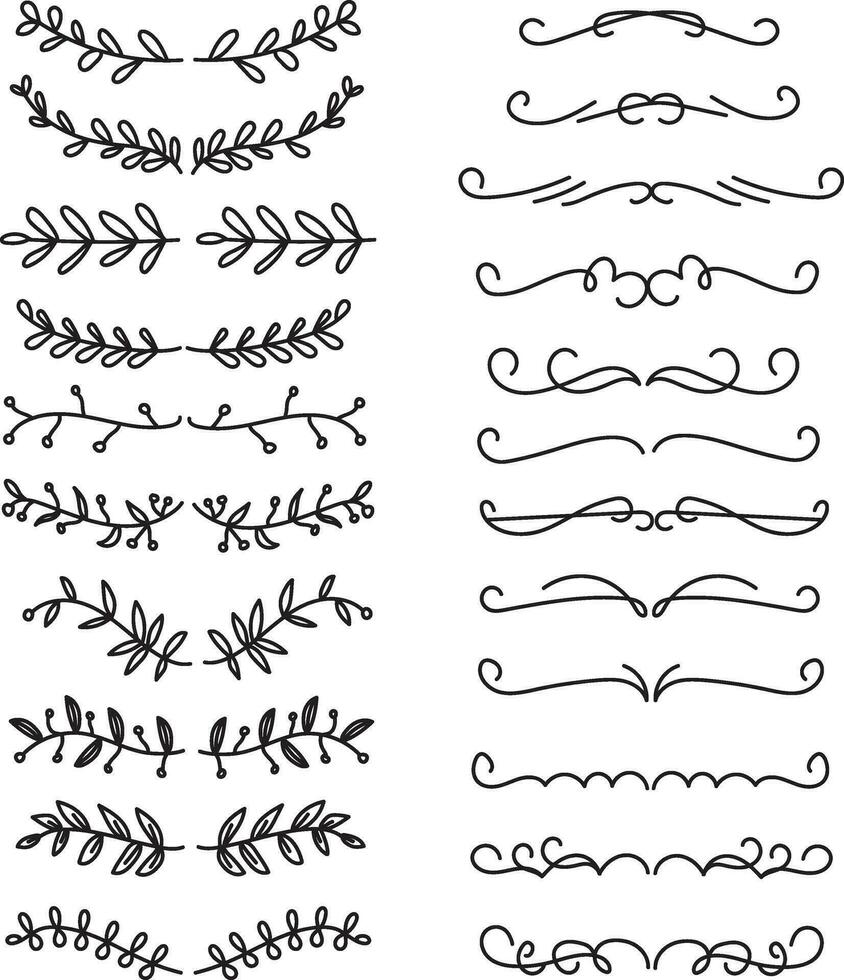 hand dragen prydnad delare samling, hand dragen ClipArt, gränser ClipArt design element, klotter avdelare, hand dragen linje gränser, blad design, årgång ornament, dekoration element vektor